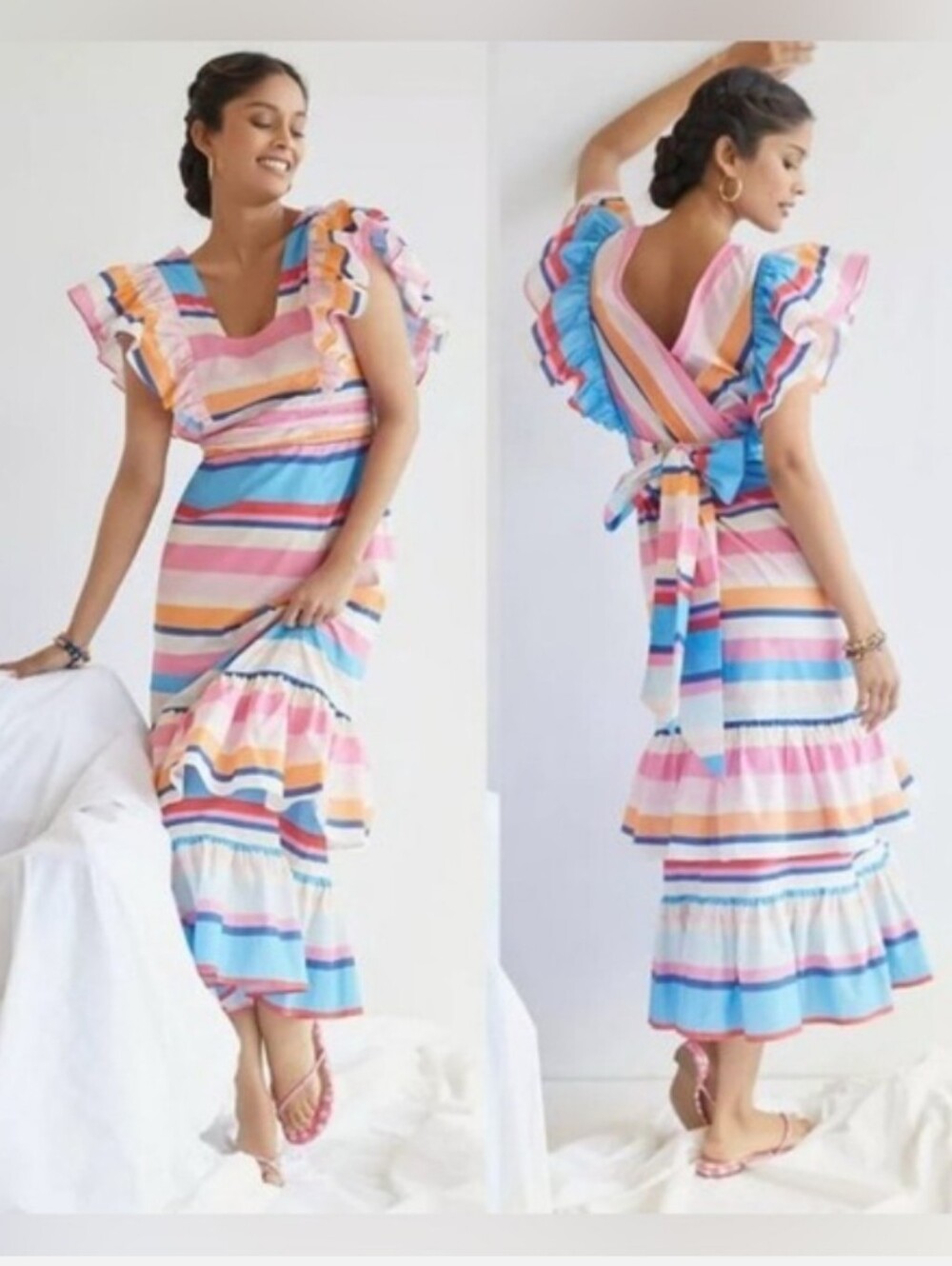 Plenty by Tracy Reese Pastel Multi-Striped Ruffle Midi Dress - Pink & Blue